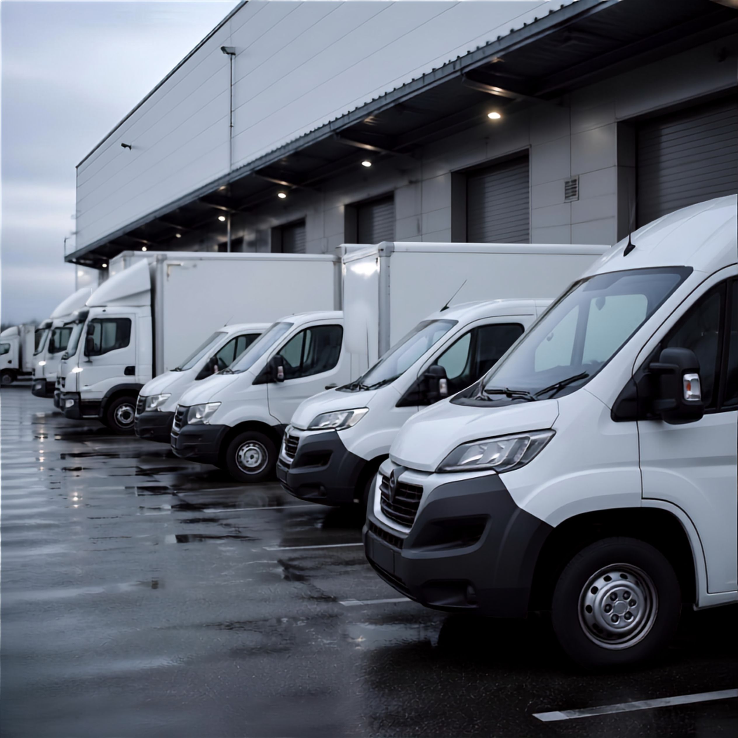 Flota de camionetas de reparto formada en el patio de un centro de distribución