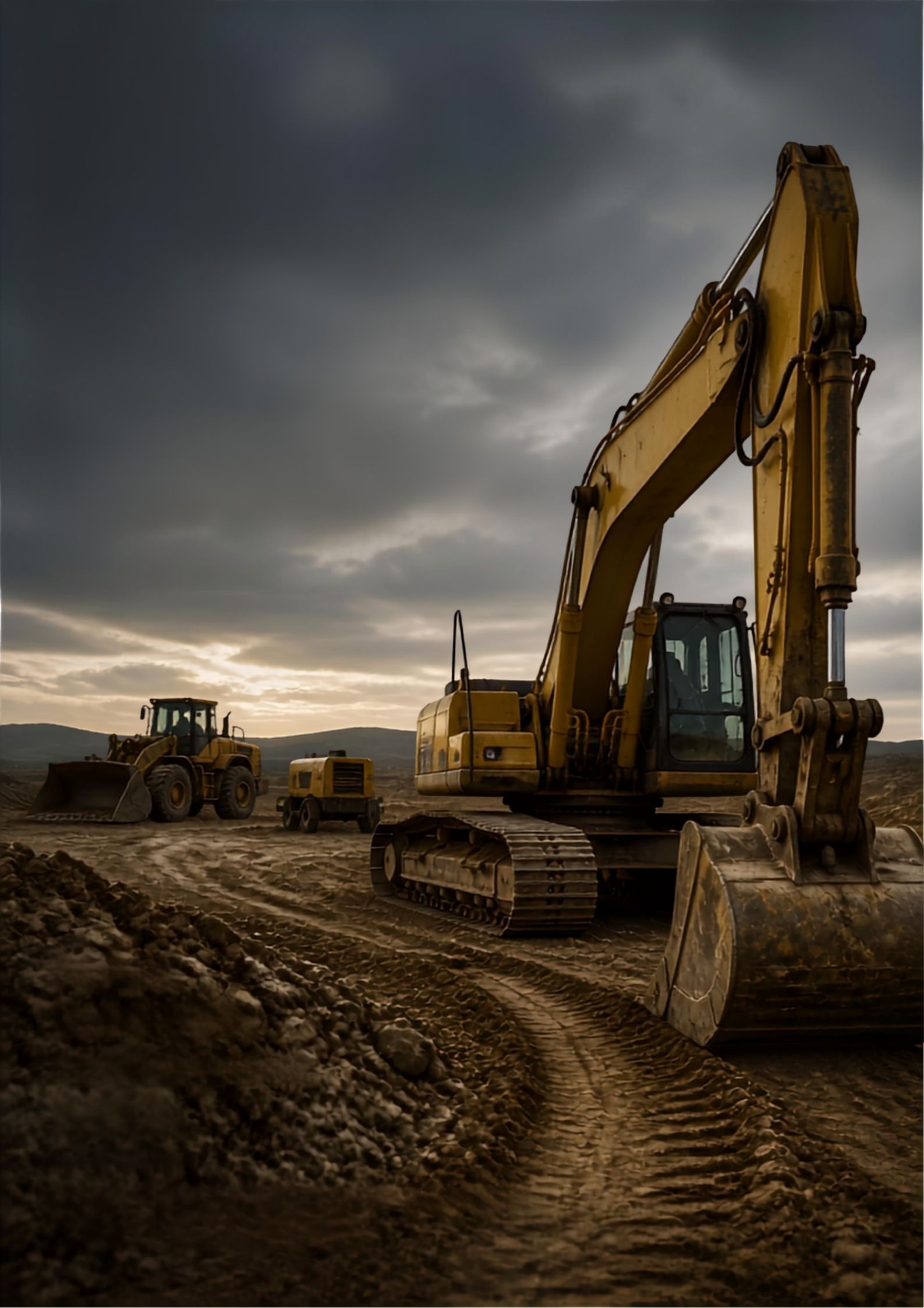 Excavadora y maquinaria de construcción sin operar en una obra al atardecer